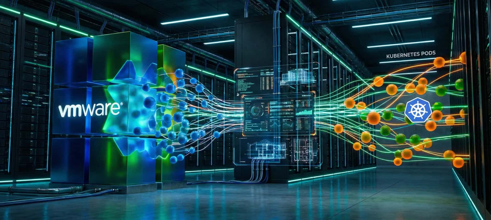 Illustration abstraite d'une plateforme Kubernetes orchestrant des workloads virtualisés.