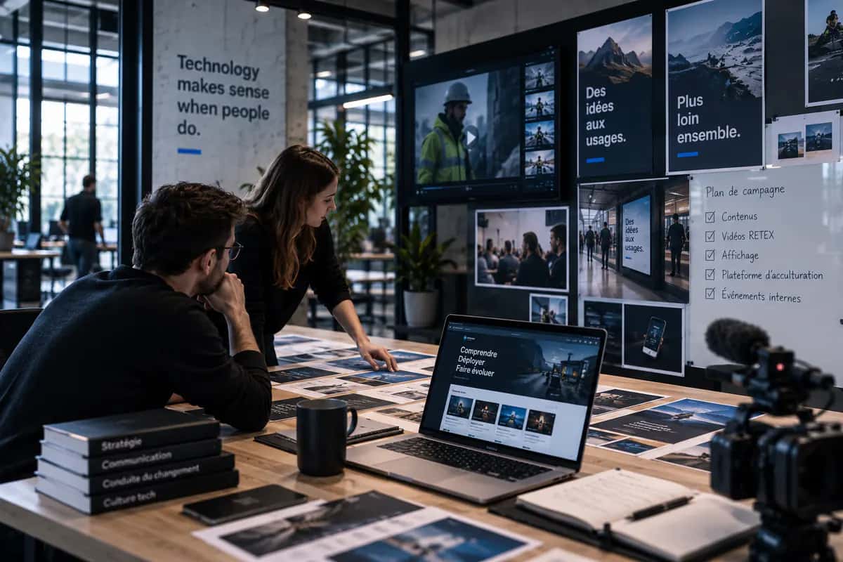 Équipe préparant les contenus et supports d'un programme d'adoption technologique
