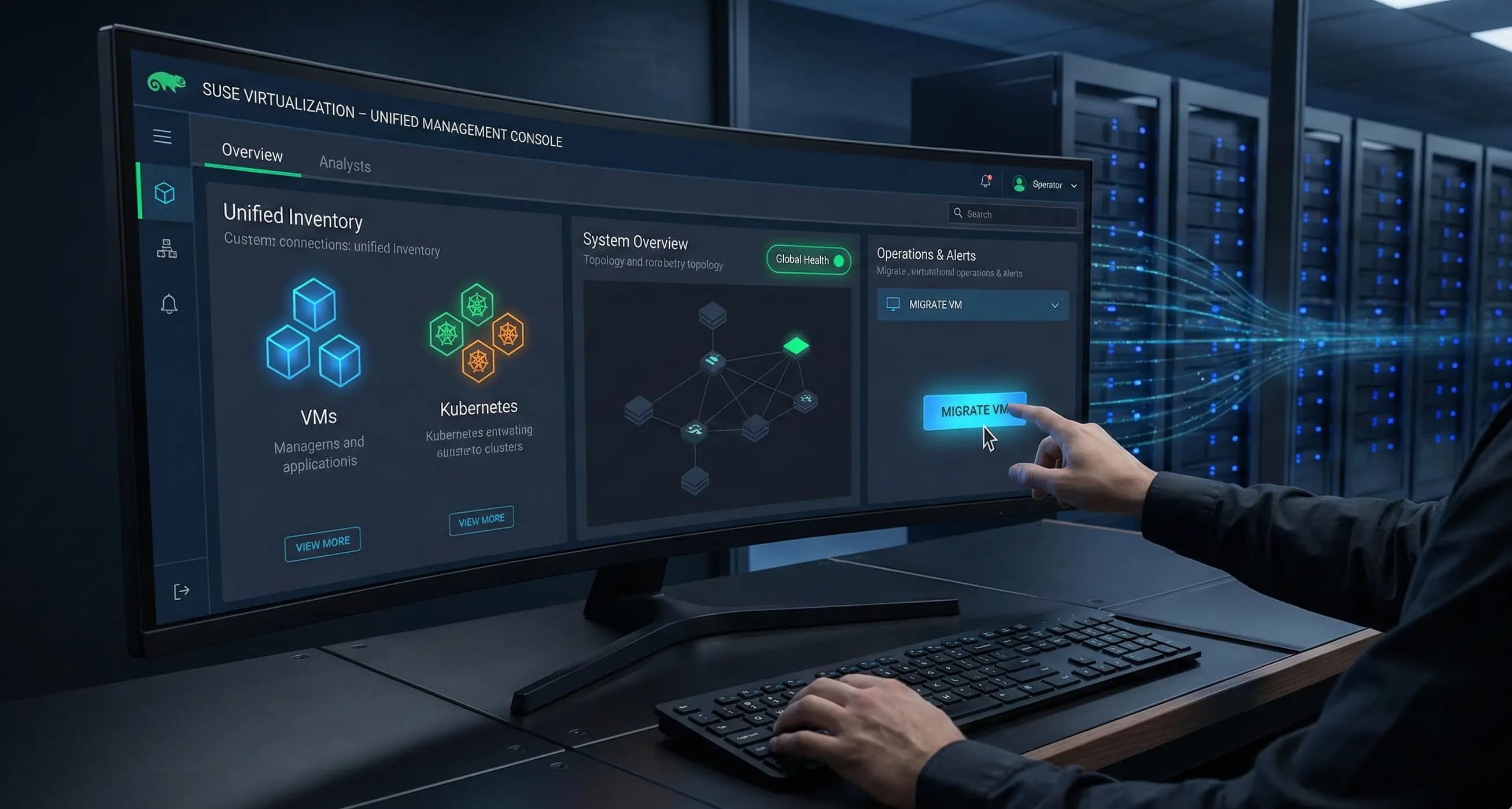Illustration abstraite de gestion de machines virtuelles sur Kubernetes avec interface centralisée.
