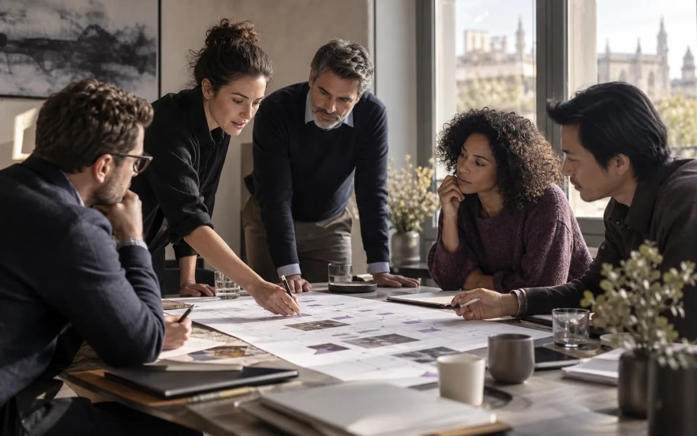 Équipe réunie autour d'un atelier de transformation et d'adoption technologique