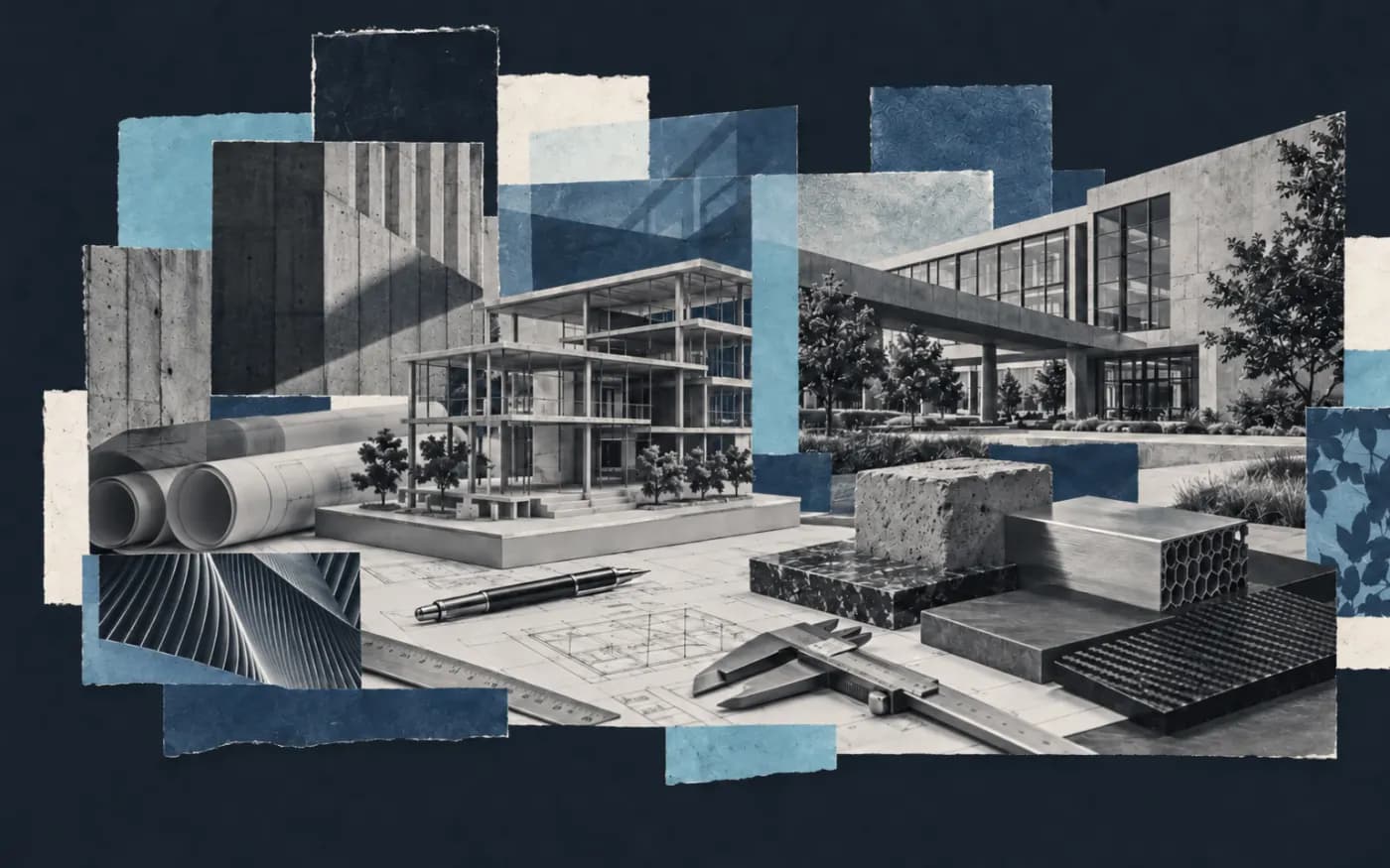 Collage éditorial de plans, maquettes et matériaux évoquant un groupe international d'ingénierie