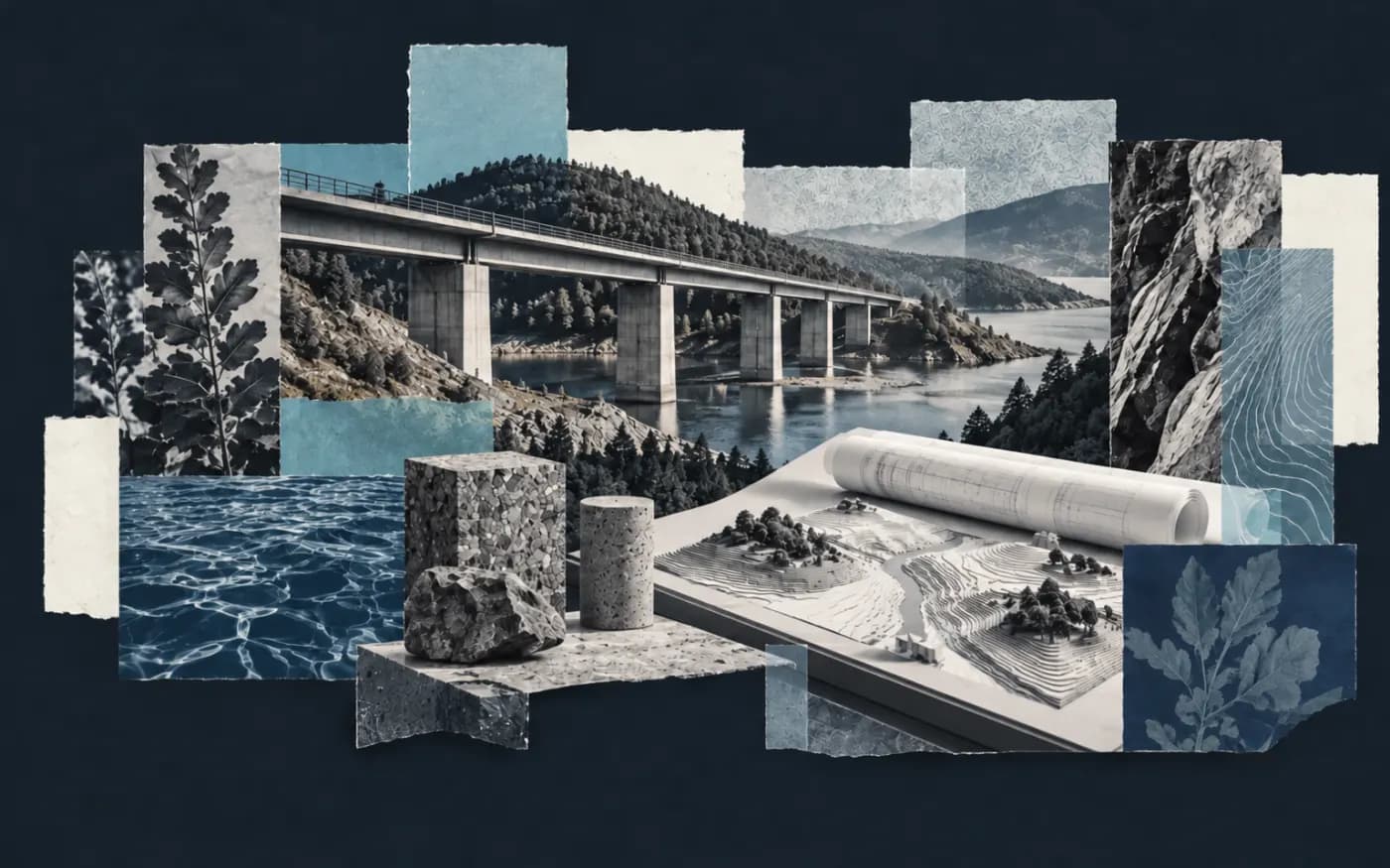 Collage éditorial de pont, relief, plans et matériaux évoquant un groupe d'ingénierie environnementale