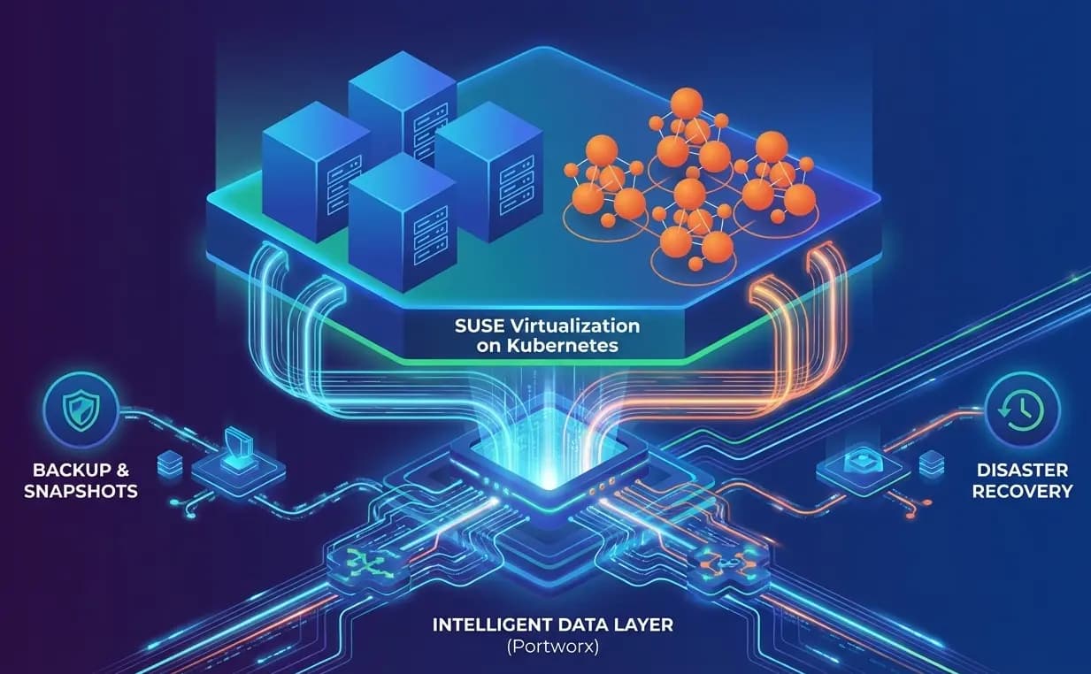 Illustration abstraite de stockage et protection des données pour des VMs sur Kubernetes.