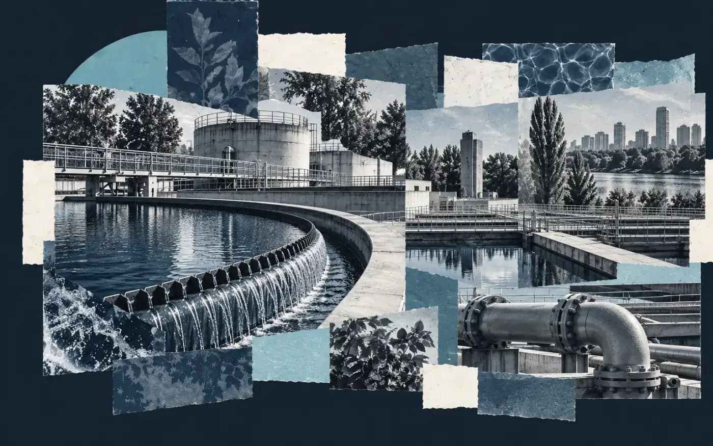 Collage éditorial d'infrastructures de traitement de l'eau et de végétation évoquant les services essentiels et l'environnement