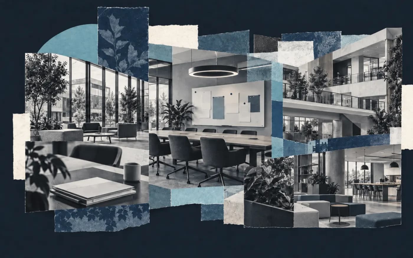 Collage éditorial d'espaces de travail, de supports et de lieux partagés évoquant une transformation IT interne