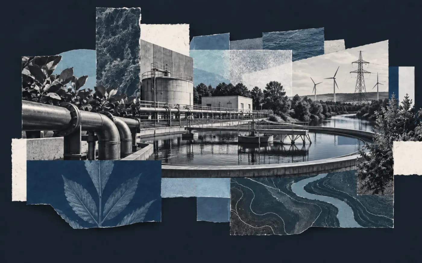 Collage éditorial d'installations industrielles, eau et reliefs évoquant un opérateur public de l'énergie et de l'environnement