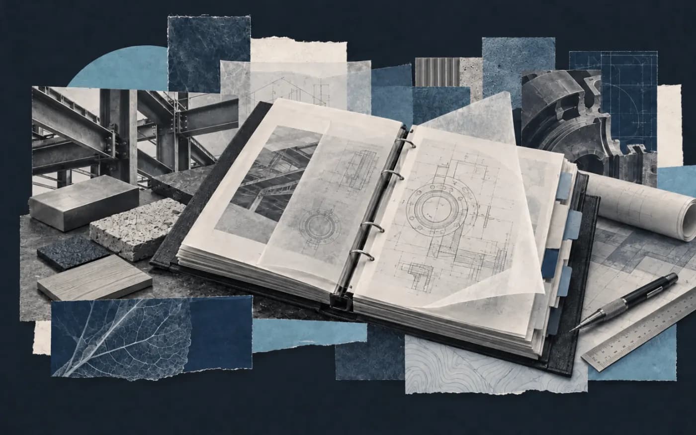 Collage éditorial d'un dossier technique, de calques et de matériaux d'ingénierie