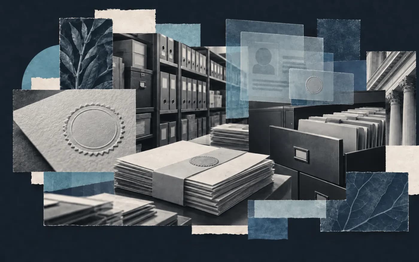 Collage éditorial de documents certifiés et d'archives évoquant les services numériques de confiance