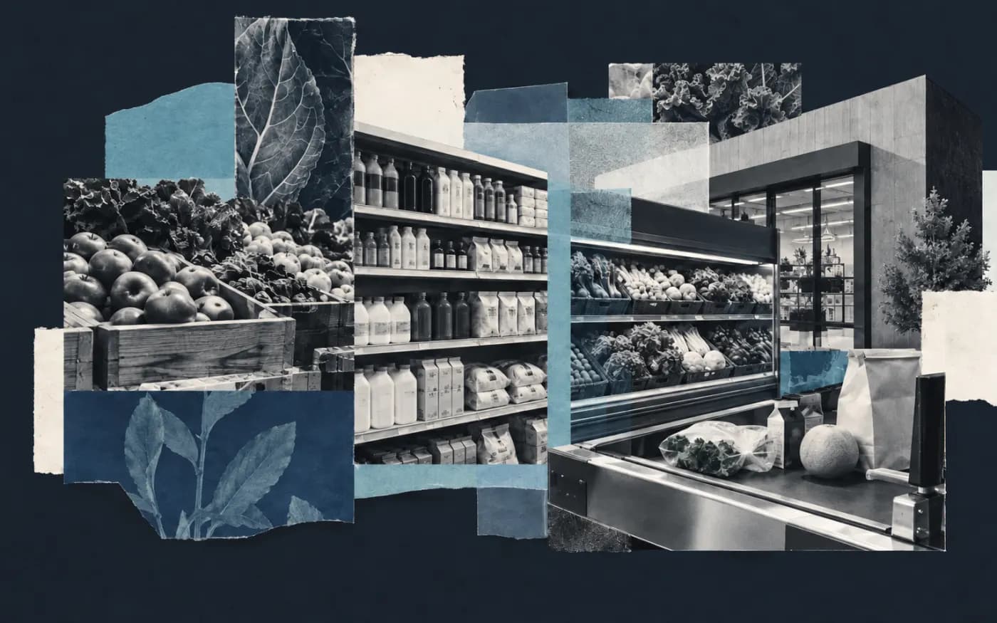 Collage éditorial de rayonnages, produits frais et architecture de magasin alimentaire
