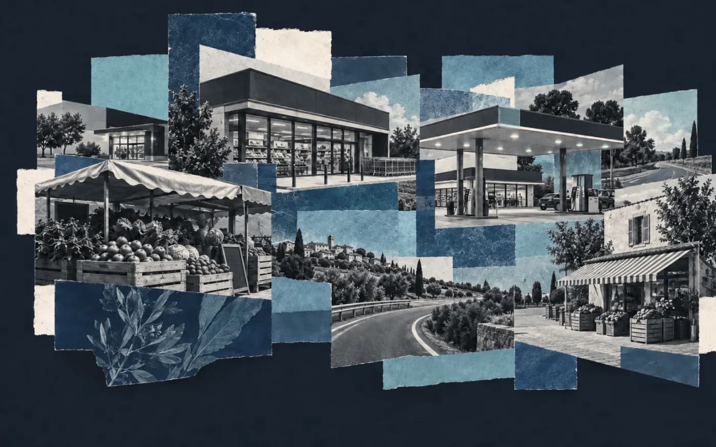 Collage éditorial de commerces, marché, station-service et routes évoquant un réseau de sites distribués