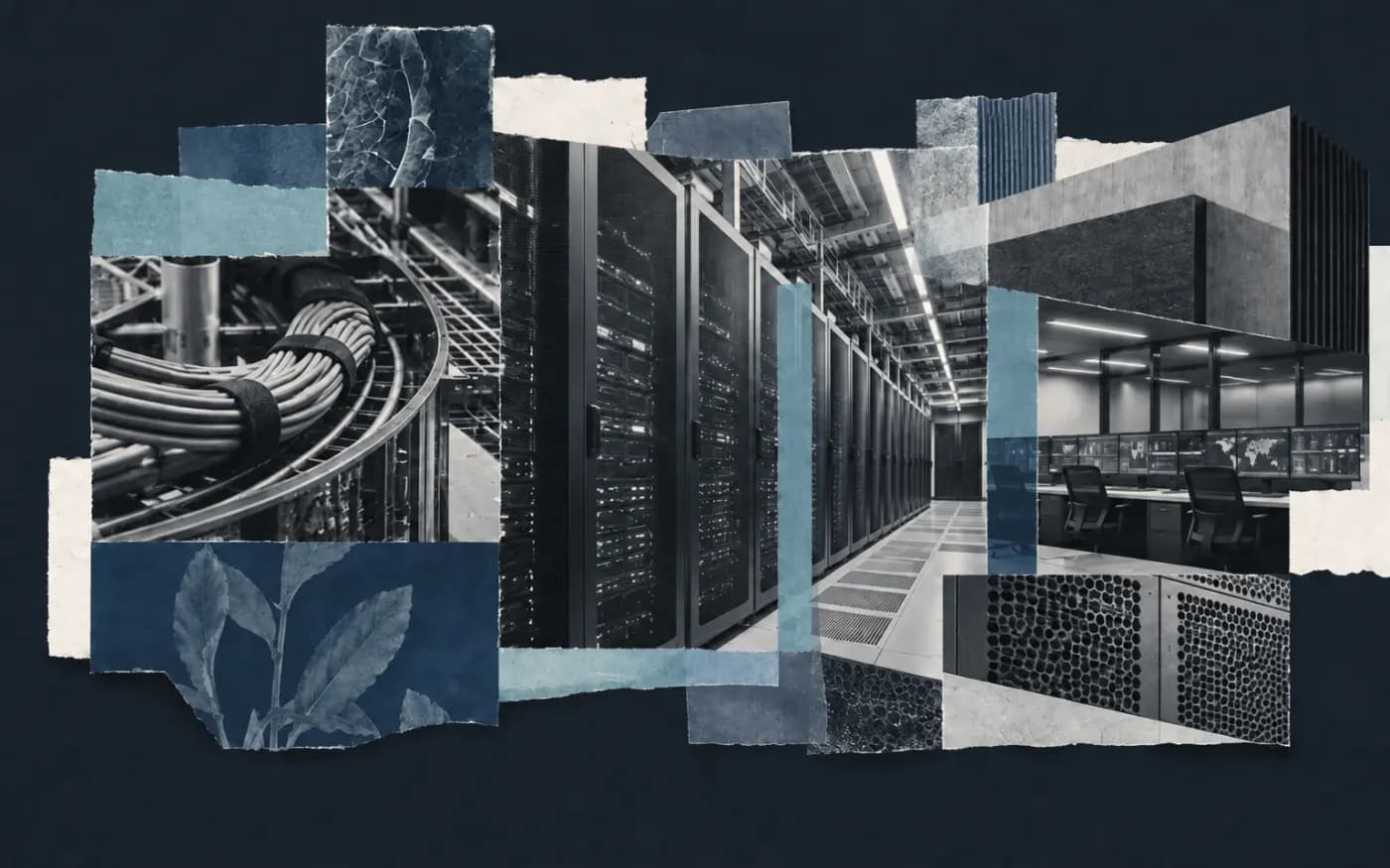 Collage éditorial de salles techniques, baies et câblage évoquant un opérateur d'infrastructures numériques