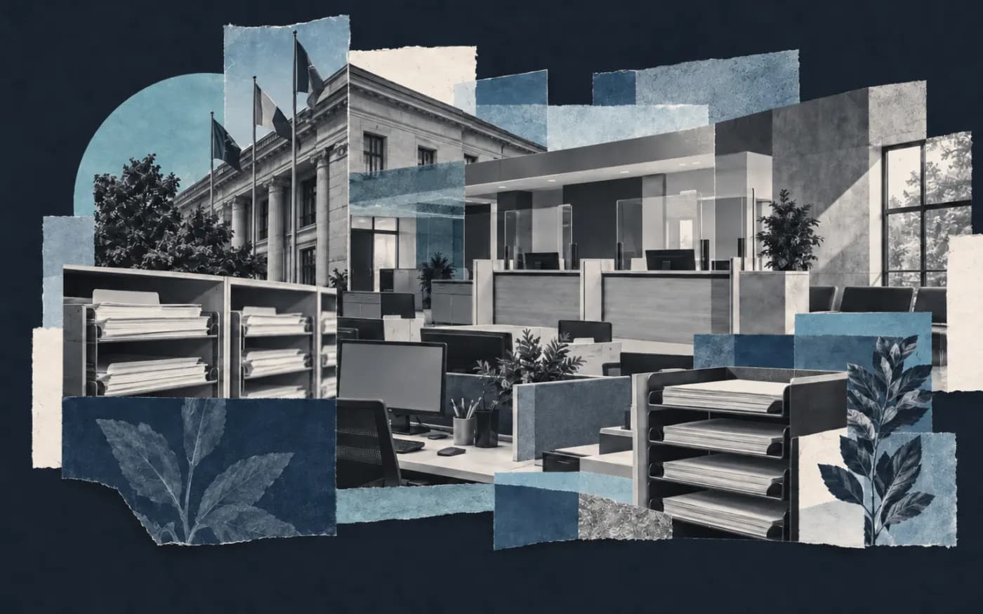 Collage éditorial d'espaces de service et de travail évoquant un éditeur de solutions applicatives