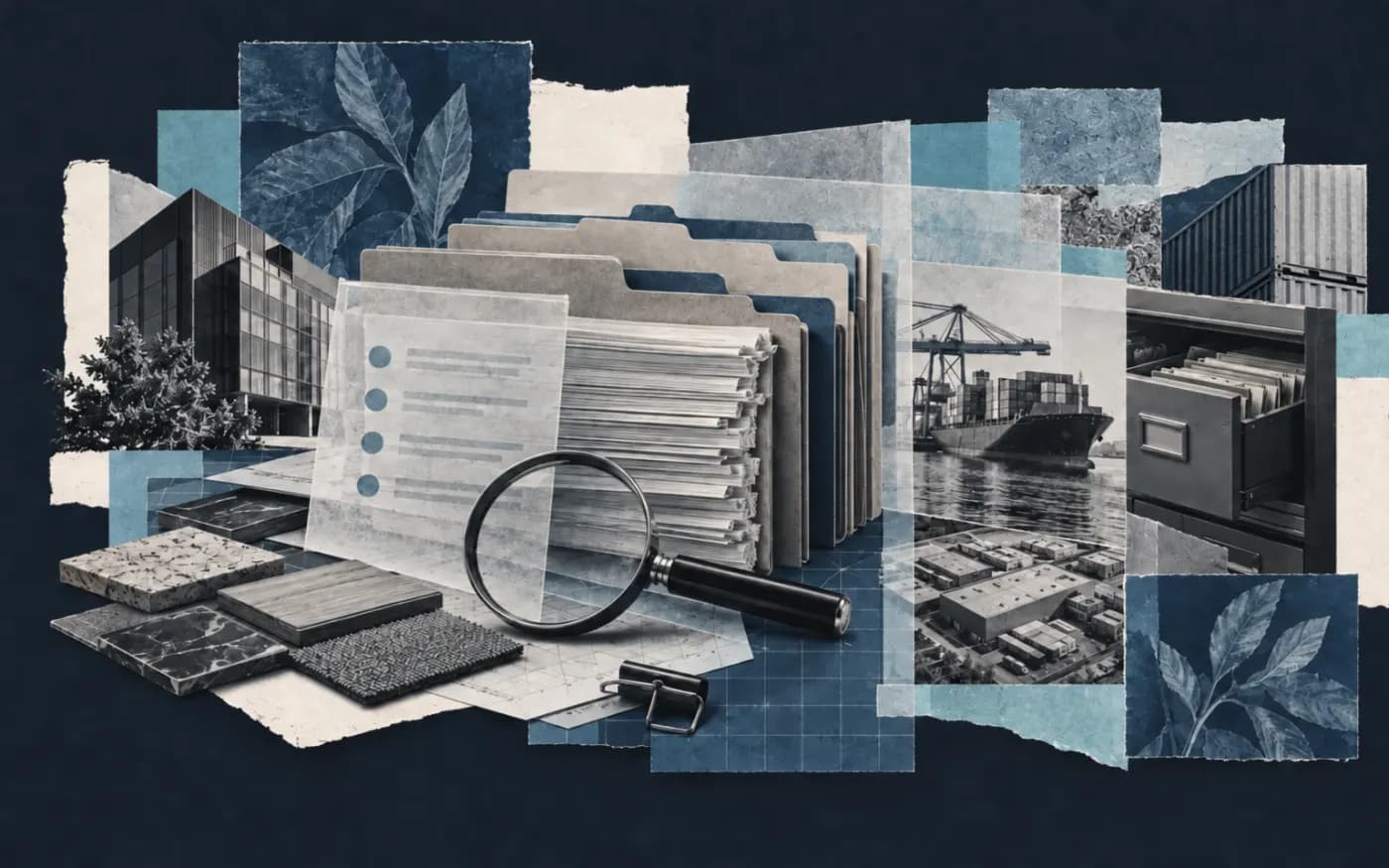 Collage éditorial de dossiers, archives et matières documentaires évoquant le conseil en conformité