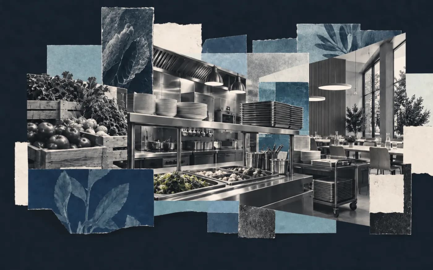 Collage éditorial associant cuisine professionnelle, plateaux et espaces de restauration collective